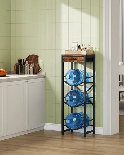 Miniatura 3 de CHOEZON Soporte para Jarra de Agua de 5 Galones, Soporte para Botella de Agua, Estante de Almacenamiento para Hervidor de 3 Niveles con Cajón, Negro