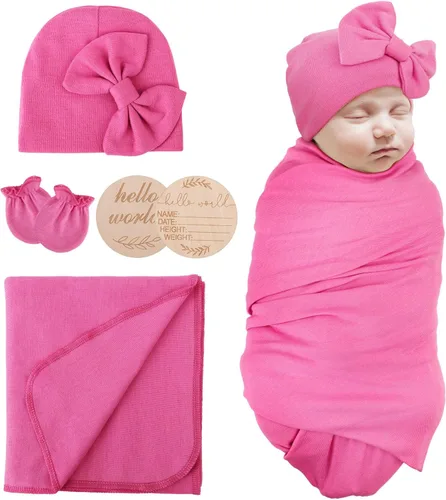 Miniatura 16 de AQOKKA Manta para Recién Nacido con Moño, Juego de Sombrero y Guantes, Tarjeta de Madera para Recién Nacidos, Niños, Niñas, Envoltorio para Envolver