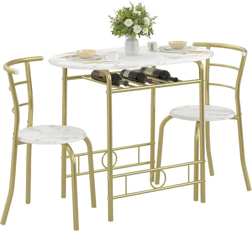 VECELO juego de mesa de comedor de 3 piezas para cocina o desayunador, con superficie ovalada de grano de madera y estructura de metal con estante