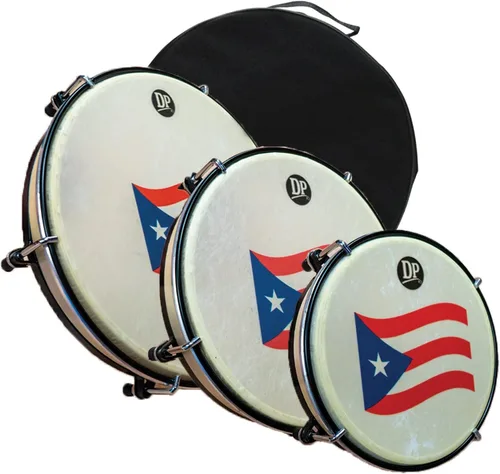DP Music Set de Panderos - Marco de Carcasa de Madera Tambores Pleneras con Bandera de Puerto Rico - Estuche de Transporte de Nylon Incluido