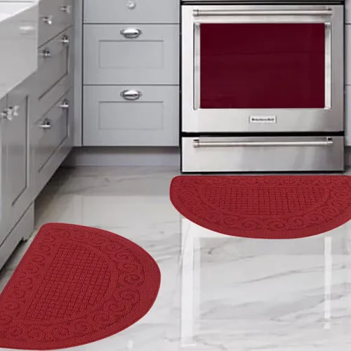 Alfombras Rojas de Cocina para Piso de 2 Piezas 18"X30", Antideslizantes Lavables, Alfombra de Cocina Absorbente de Pie, Alfombra de Medio Círculo