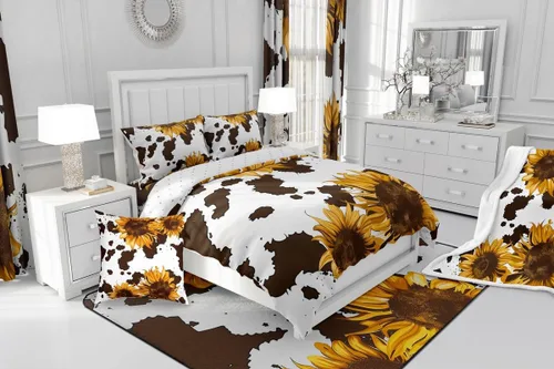 Miniatura 7 de Juego de edredón con estampado de vaca marrón para niñas y niños, edredón de plumón de piel de vaca de las tierras altas, ropa de cama de piel