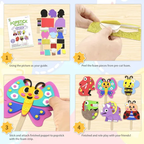Miniatura 2 de VKPI Haz 6 marionetas de palillos para niños, manualidades de espuma, juguetes de tiempo de cuentos para niños mayores de 4 años, dinosaurios