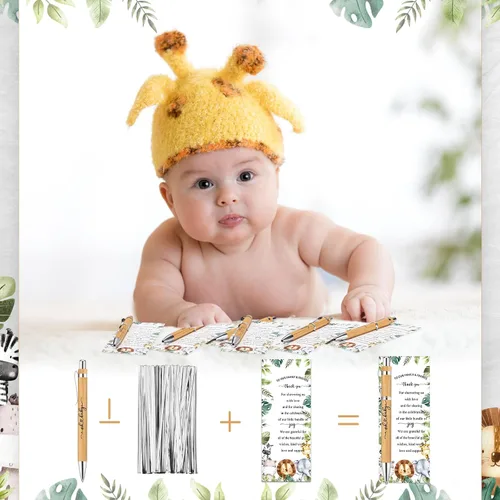 Miniatura 5 de Zhanmai 25 juegos de recuerdos de safari para baby shower, incluye bolígrafos de bambú y tarjetas de agradecimiento, bridas plateadas, selva