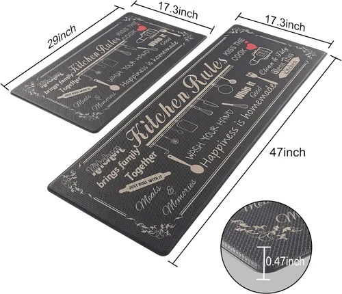 Miniatura 2 de Juego de 2 tapetes de cocina de granja, acolchados y antifatiga, antideslizantes, impermeables, cómodos para el hogar y la oficina, 17.3 x 30 Negro