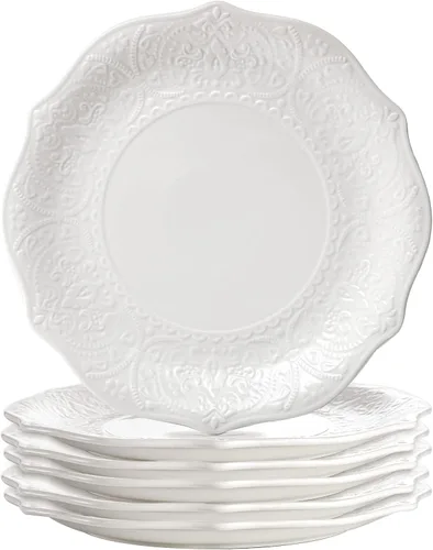 SOUJOY Juego de 6 platos llanos de porcelana, platos blancos de 10.5 pulgadas, platos de vajilla con impresión en relieve para cena, restaurante,