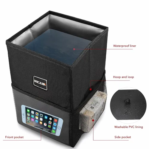 Miniatura 3 de Beicarin Papelera para coche con tapa, bolsa de basura para colgar con bolsillos de almacenamiento, plegable y portátil, organizador de auto a
