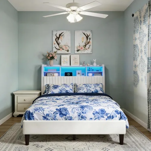 Miniatura 5 de Homkdom Base de cama de tamaño matrimonial, cabecera tapizada de canal vertical con estantes de almacenamiento, marco de cama de terciopelo con Beige
