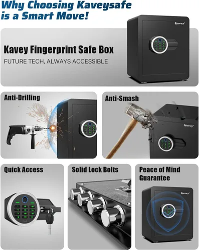 Miniatura 4 de Kavey 2.0 Caja de Seguridad Biométrica con Lector de Huellas Dactilar, Caja de Seguridad para el Hogar con Sistema de Alarma Dual, Caja de Seguridad