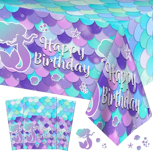 Miniatura 8 de 1 mantel de sirena – Mantel de sirena de feliz cumpleaños, mantel rectangular de plástico desechable con diseño de sirenas para decoración