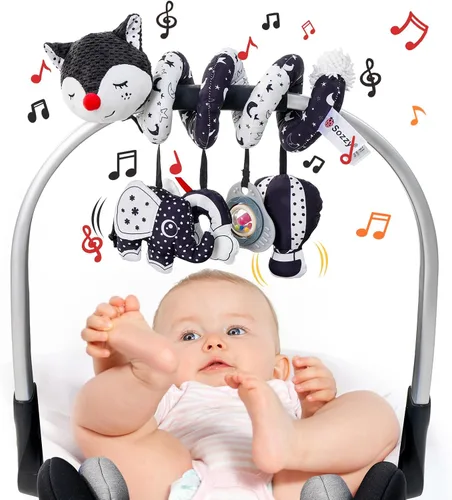 Jollybaby Cochecito de cuna, juguete de asiento de automóvil para bebé de 0-3-6-9-12 meses, juguetes sensoriales colgantes para recién nacido con
