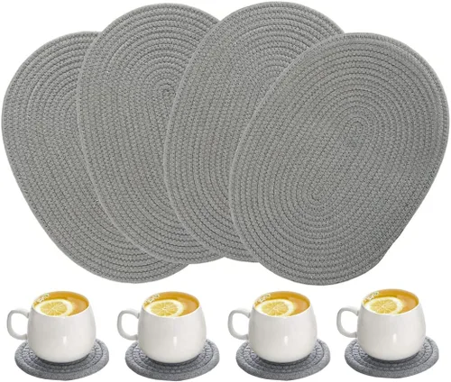 Miniatura 21 de Paquete de 4 manteles individuales de tejido ovalado y juego de 4 posavasos redondos de tela, manteles resistentes al calor, antideslizantes, Negro