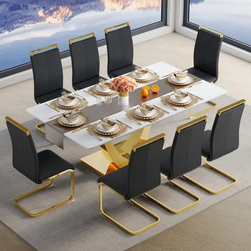 Miniatura 50 de Juego de mesa de comedor para 4, mesa de comedor de mármol sintético de 63 pulgadas con patas y base de acero inoxidable, sillas acolchadas