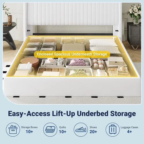 Miniatura 4 de Allewie Base de cama de almacenamiento elevable de tamaño matrimonial, sistema de soporte hidráulico, marco de cama de plataforma tapizada