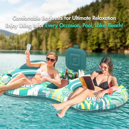 Miniatura 5 de Sunikko X 5-in-1 Pool Floats Adult Heavy Duty River Tube, 2 Person Water Lounge Tanning Pool with Backrests, Built-in Cooler, Cup Holders, Deluxe