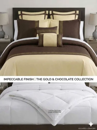 Miniatura 2 de sheetsnthings Juego de edredón de microfibra bordada de 8 piezas, tamaño King/California King (dorado con chocolate) incluye juego de funda de Oro