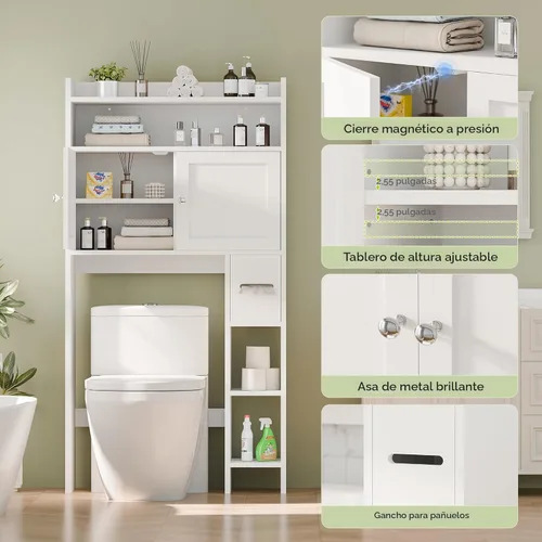 Miniatura 5 de MU Gabinete de almacenamiento sobre el inodoro con puertas, organizador de almacenamiento de baño de 32 pulgadas con estantes laterales, estante