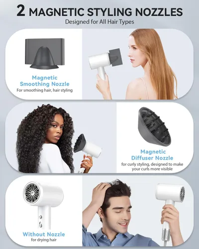 Miniatura 3 de Secador de pelo de alta velocidad iónico para cabello rizado, silencioso con control térmico y boquilla para viajes en casa, color blanco