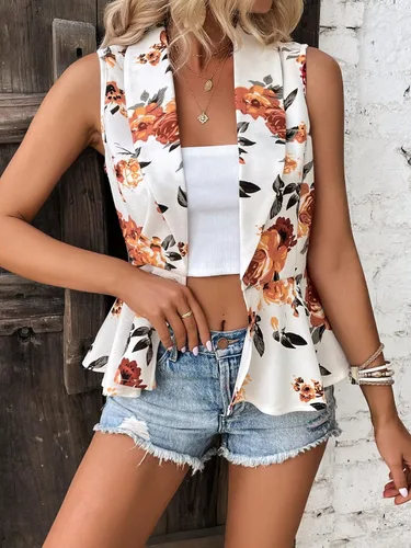 Miniatura 6 de Floerns Blazer sin mangas con estampado floral y cuello de chal y dobladillo con volantes para mujer