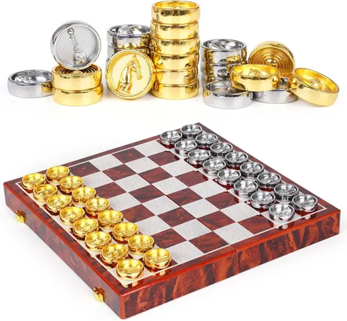 Juego de ajedrez y damas de metal 2 en 1 para adultos y niños - Juegos de ajedrez de viaje de lujo de madera plegable con almacenamiento - Juego de