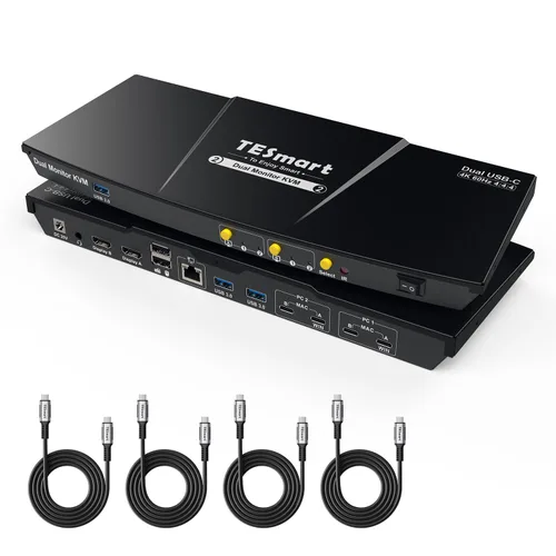TESmart Conmutador KVM USB-C 2 monitores 2 portátiles 4K@60Hz, conmutador KVM USB 3.0 Dual Monitor MST, emulación EDID, 60W PD, 1G Ethernet, 2K