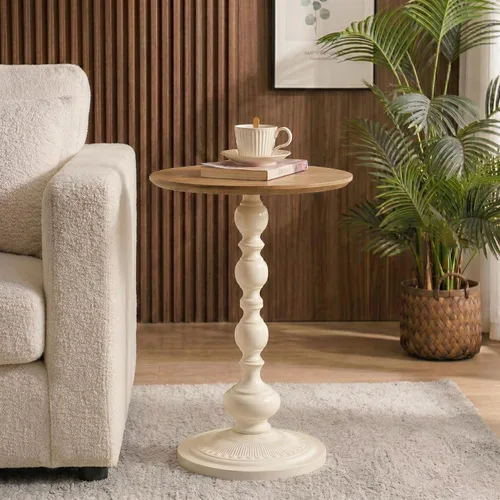 Miniatura 13 de Framhose - Mesa auxiliar redonda, mesa auxiliar pequeña con parte superior de madera y base negra, mesa de pedestal para sala de estar, esquinas