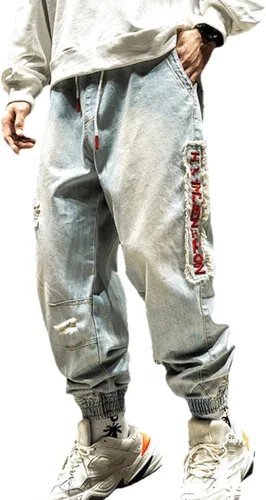 Pantalones de mezclilla rojos con letras rasgadas para hombre