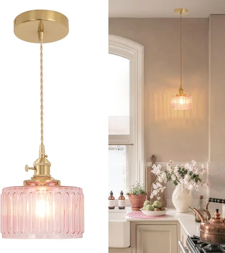 Miniatura 56 de Shenmoyl Lámpara colgante con pantalla de vidrio transparente a rayas, luz colgante vintage de latón, luz colgante ajustable para cocina, isla
