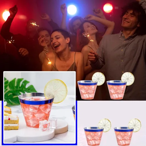Miniatura 5 de DaYammi 120 Piezas Vasos de Plástico Azul de 9 Oz Vasos de Fiesta de Plástico Transparente Desechables con Borde Azul Copas de Vino Desechables