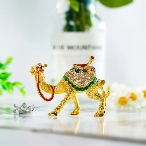 Miniatura 7 de YU FENG Adorno de decoración de figuras de camello de cristal, estatuas de camello esmaltado dorado, caja de joyería con bisagras