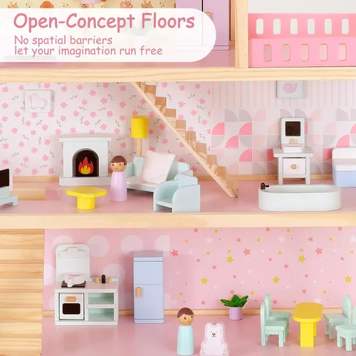 Miniatura 3 de Pillowhale Casa de muñecas grande de madera, casa de muñecas de 3 pisos con 38 piezas de muebles y accesorios, pisos de concepto abierto, balcón