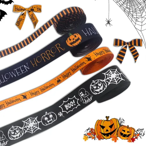 4 rollos de cintas de grogrén de 20 yardas, estampado de calabaza de Halloween, tela de araña satinada, rayas negras y naranjas, cintas de envoltura