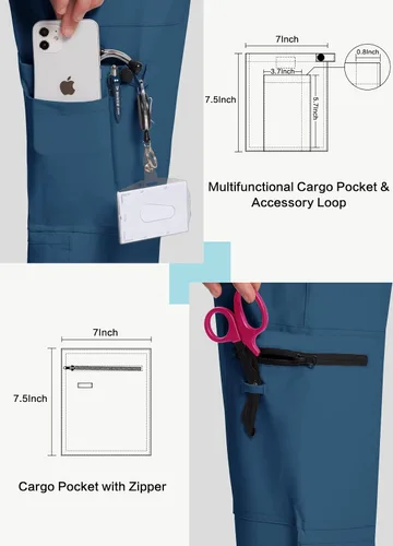 Miniatura 5 de MIVEI Pantalones médicos para mujer, 8 bolsillos médicos, sin arrugas, duraderos, elásticos, tiro medio, cintura de yoga a la moda
