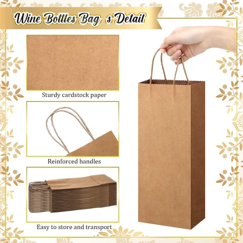 Miniatura 3 de Handepo 50 bolsas de papel kraft para vino con asas prácticas de 13 x 5.3 x 3.3 pulgadas, bolsas de compras para pequeñas empresas (marrón)