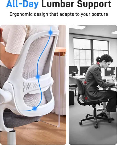 Miniatura 6 de Silla de oficina ergonómica de malla para oficina en casa, brazos abatibles, respaldo de malla transpirable y cojín de asiento grueso, silla de Gris