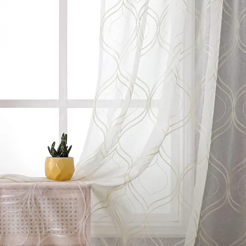 Miniatura 40 de VISIONTEX Cortinas traslúcidas blancas de 63 pulgadas de largo, juego de 2 paneles de bordado marroquí con puntos beige, tela de gasa bordada