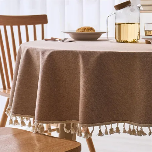 Miniatura 4 de Dimatic Mantel redondo con textura de lino con ribete de encaje, impermeable, a prueba de derrames, para decoración de mesa de cocina, comedor, Beige