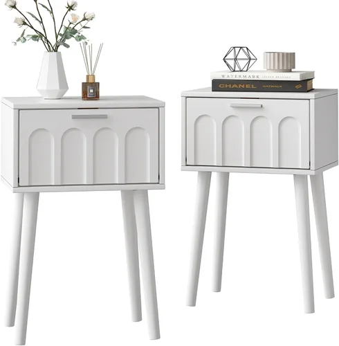 Miniatura 11 de LAATOOREE Juego de 2 mesitas de noche, mesa auxiliar de cama pequeña con puerta de arco, mesa auxiliar de mediados de siglo con patas de madera