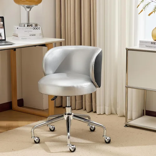 Miniatura 20 de VINGLI Bonita silla de escritorio giratoria pequeña y cómoda con ruedas, soporte lumbar ergonómico de respaldo bajo para tocador/técnico de uñas, Pu
