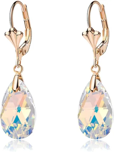 Aretes con dijes con forma de lágrima de cristal austriaco, para mujer, cierre catalán, chapados en oro de 14quilates joyas hipoalergénicas