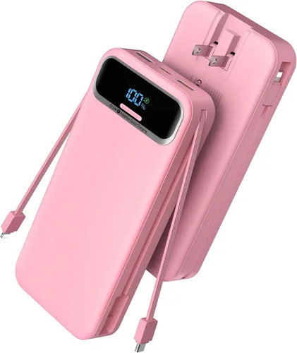Cargador portátil, 20000 mAh 22.5 W, cargador de batería de carga rápida con cables integrados y enchufe de pared, batería externa esencial de viaje