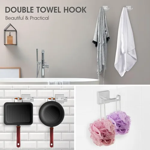 Miniatura 2 de BOZWELL Ganchos dobles para toallas para baño, montaje en pared de níquel castrado, estilo cuadrado simple y moderno, gancho para bata y abrigo