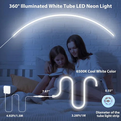 Miniatura 2 de Cuerda de luz LED de neón de 360°, tubo redondo de 3.28 pies, 6500 K, tira de luces LED blancas de iluminación de 360 grados, IP65, impermeable