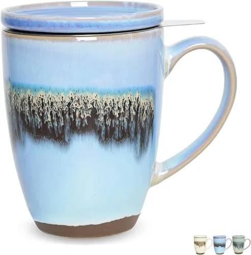 Miniatura 8 de Bosmarlin Taza de té de cerámica mate con infusor y tapa, 13.5 onzas, taza de té suelta, apta para lavavajillas y microondas (azul oscuro)