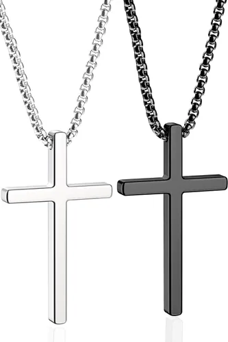 2 collares de cruz para hombre, colgante de acero inoxidable, cadena de cruces plateadas, negras, caja de regalo para 16 a 30 pulgadas