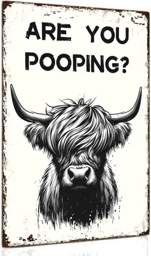 Miniatura 9 de ALKB Letrero de baño con diseño de gato esmoquin, divertido letrero de metal de 8 x 12 pulgadas – Are You Pooping – Decoración de pared de gloria