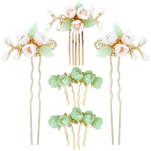 inSowni 5 piezas vintage retro tradicional asiático chino Hanfu perla verde jade flor de pelo peines laterales diapositivas de metal horquillas