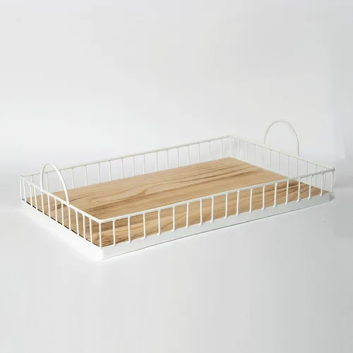 Miniatura 5 de Bandeja rectangular de madera para servir con marco de alambre, asas de metal, decorativa para mesa de café de comida, centro de mesa rústico