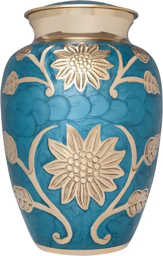 Liliane Memorials - Urna funeraria de flores azules y doradas, urna de cremación para cenizas humanas, latón, adecuada para entierro o nicho de