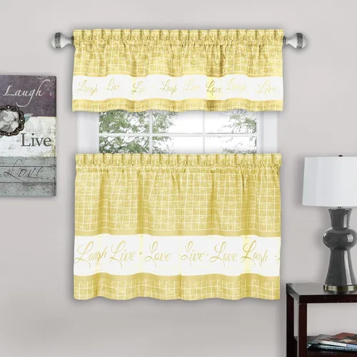 Miniatura 9 de Juego de cortinas con cenefa y volante para ventana - 58 pulgadas de ancho, 36 pulgadas de largo - Vive, Ama, Rie (Amarillo) - Cortinas de filtrado